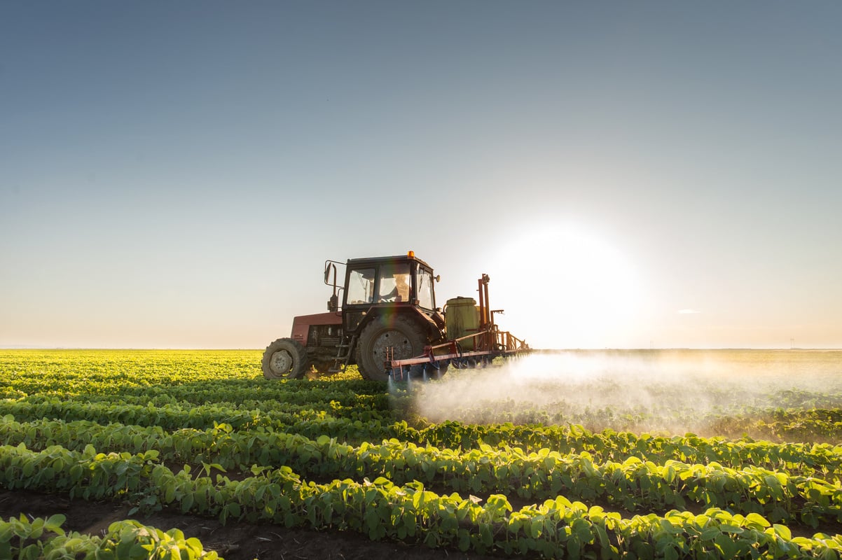 Tractor spraying soybean